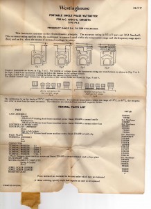 Westinghouse PY-5 Portable Single Phase Wattmeter Instructions / Parts List